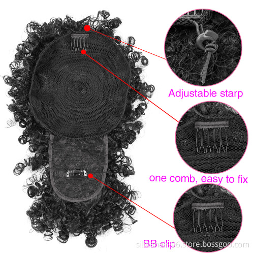 Cheap 14inch Cosplay Black Brown African Fluffy Short Wrap Hair Headband Pre-attached Scarf Afro Kinky Curly Synthetic Wigs